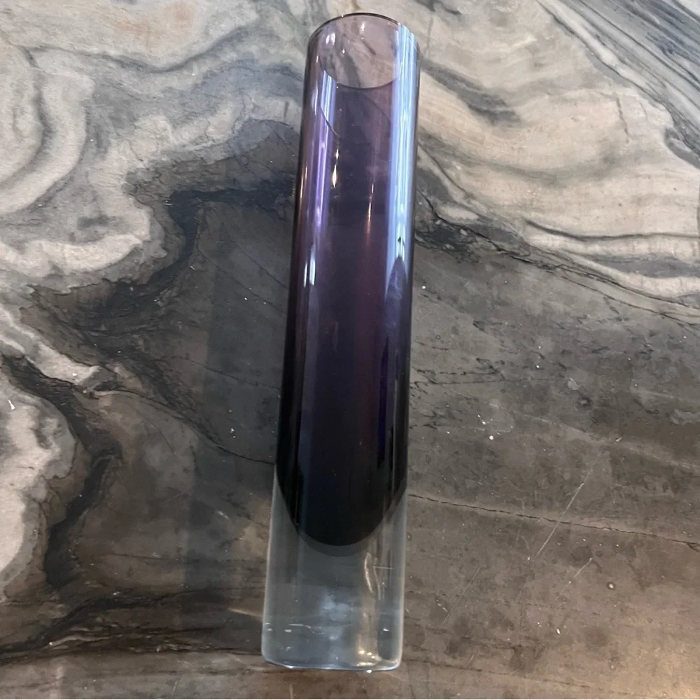Hand Blown Polish Amethyst Purple Cylinder Vase Clear Bottom 8 1/2”